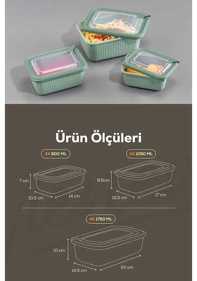 Vienev 12'li Vip Dikdörtgen Mikrodalga Ve Difrize Uygun Saklama Kabı Seti Yeşil 4x 1750,1050,600 Ml Yeşil