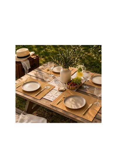 3'lü Set Bambu Amerikan Servisi Doğal Şık Sofra Sunumu Dekoratif Hasır Görünümlü Masa Servisi 30x38 Cm Kahverengi
