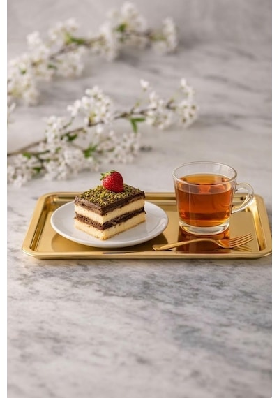 Paslanmaz Çelik Sunum Tepsisi, Dikdörtgen, Gold, 33x18 Cm, Düz, Çay Kahve Tatlı Sunumu, 2 Adet Çok Renkli