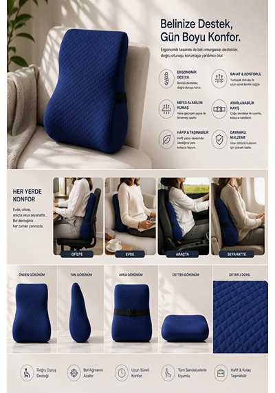 Ergonomik Ve Ortopedik Sırt Minderi Doğru Destek, Konforlu Oturuş Lacivert