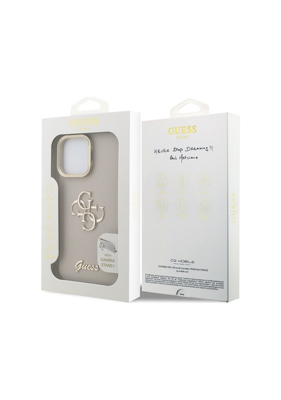 Apple Uyumlu iPhone 15 Pro Kılıf Guess Lisanslı Grained Yazı Logolu Kamera Standlı Kapak Bej