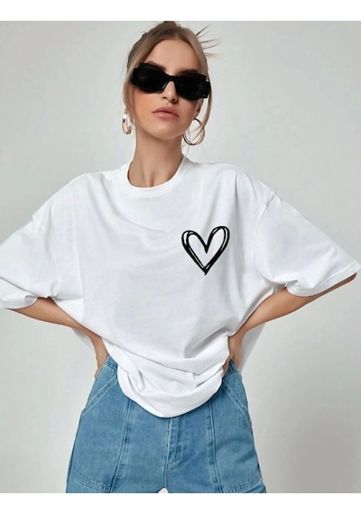 Wear Vexel Kadın Tişort Kalp Baskılı Bisiklet Yaka Kısa Kol T-shirt - Beyaz Beyaz