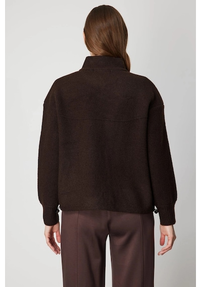 On Fashion Kadın Beli Lastikli Dik Yaka Fermuarlı Kahverengi Hırka 60937 Kahve