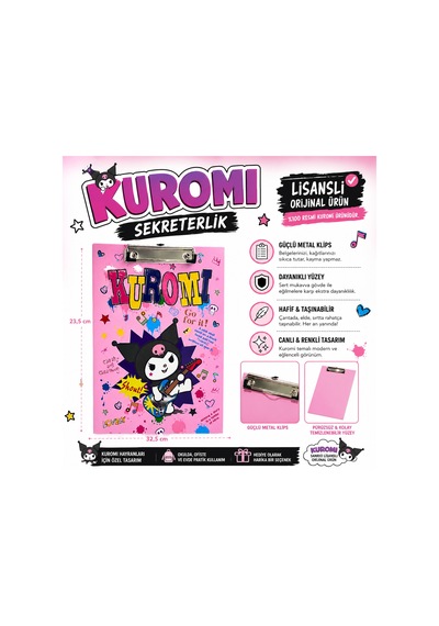 Bakgelal Sanrio Lisanslı Kuromi Sekreterlik A4 Boy Metal Klipsli Evrak Tutucu Yazı Altlığı Pembe