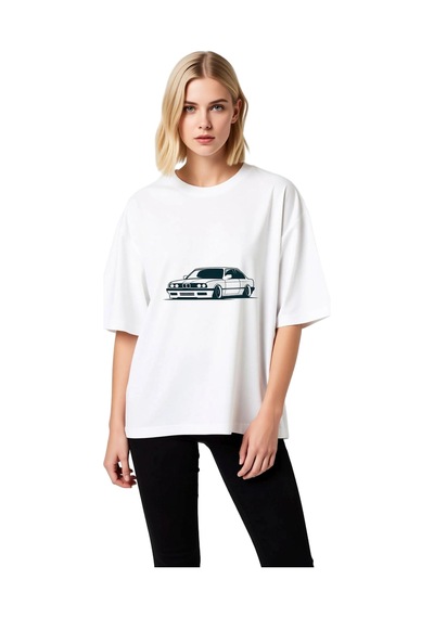 Paybuy Kadın Oversize Tişört Klasik Otomobil Tuning Sanat Baskısı Rahat Beyaz