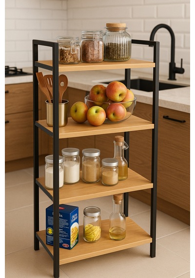 4 Katlı Metal Çerçeveli Ahşap Raf Mutfak & Banyo Düzenleyici Çok Amaçlı Organizer 98x39x22 Cm Kahverengi