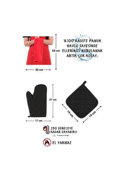 Star Ayar Askılı Havlulu 4lü Mutfak Önlüğü Seti Eldiven Tutacak Kırmızı-kırmızı-siyah