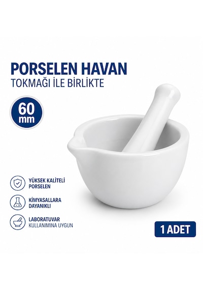Porselen Havan Tokmağı İle Birlikte 60 Mm 1 Adet Laboratuvar
