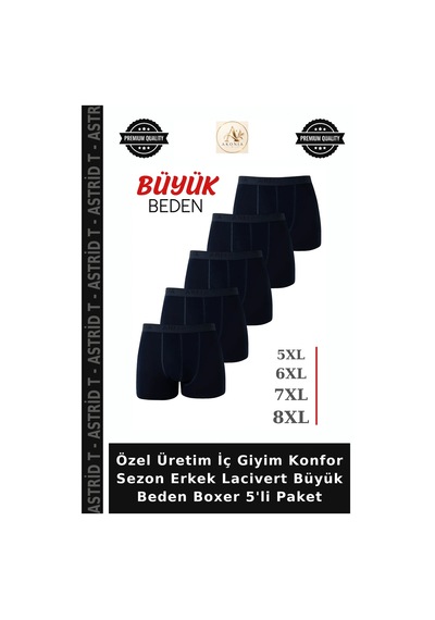 Astrid T Özel Üretim İç Giyim Konfor Sezon Erkek Lacivert Büyük Beden Boxer 5'li Paket
