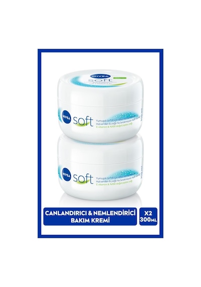 Nivea Soft Nemlendirici El Yüz ve Vücut Bakım Kremi Jojoba Yağı E Vitamini Pürüzsüz Cilt 2 x 300 ML