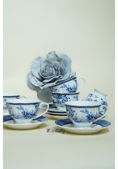 Blue Life New Bone 6 Kişilik Çay Fincan Takımı Çay Sunum Seti Beyaz - Mavi