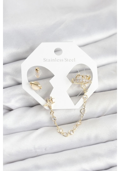 Mey İthalat Pirinç Gold Renk Uzay Model Zincir Bağlantılı Ear Cuff Küpe Seti Diğer