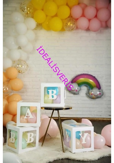Bkmc Lüks 33 Parça Baby Yazılı Şeffaf Beyaz Kutu Balon Set, Baby Balon Kutusu Bebek Çocuk Doğum Günü Süsü Bmc Genel