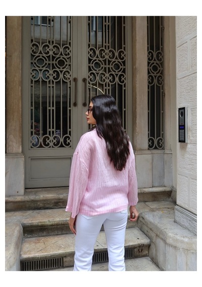 Kechi Woman Çizgili Transparan Kumaş Polo Yaka Bluz Pembe