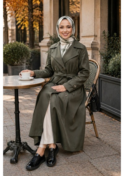 Hb Harma Time Butik Kadın Çift Düğmeli Kuşaklı Astarlı Bondit Haki Trençkot Haki Haki