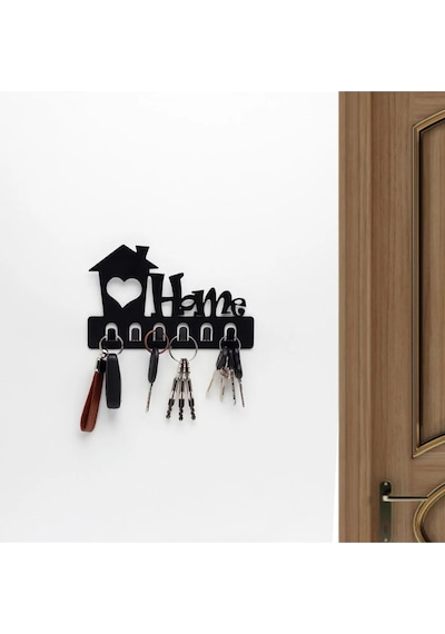 Home Siyah Metal Dekoratif Anahtar Askılığı - Pano Askılığı Home Yazılı Dekoratif Anahtarlık Siyah