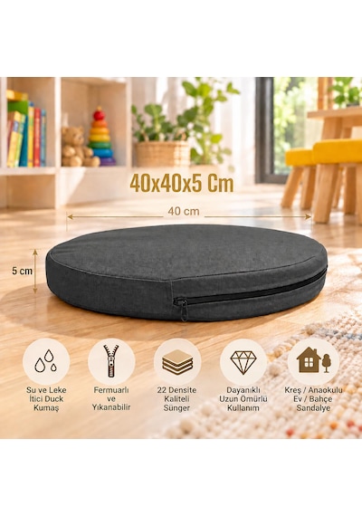 Kreş Anaokulu Yuvarlak Oyun Minderi Aktivite Minderi 40x40x5 Cm - Sandalye Minderi - Bahçe Dekor Minderi Yuvarlak Minder Antrasit