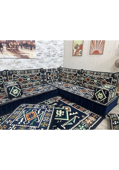 Coton Şark Köşesi Otantik Desenli Lüks Minder Takımı Konsept Lacivert