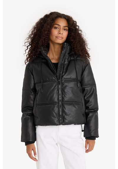 Defacto Regular Fit Kapüşonlu Polar Astarlı Suni Deri Mont F2142ax25wnbk27 Siyah-bk27