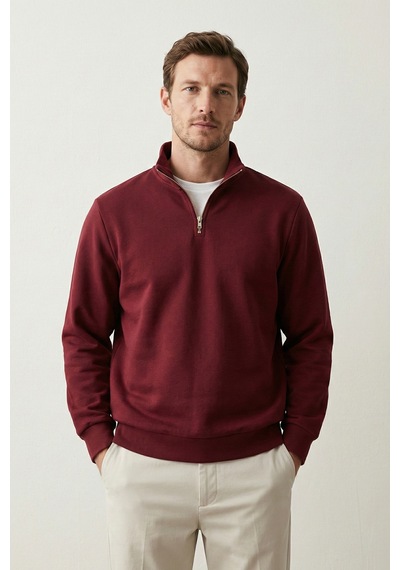 Elemge Pamuklu Erkek Sweatshirt Bordo Soft Touch Relax Fit Yarım Fermuarlı Dik Yaka 3 Iplik Nefes Alan Elemge Pamuklu Erkek Sweatshirt Bordo Soft Touch Relax Fit Yarım Fermuarlı Dik Yaka 3 Iplik Nefes Alan