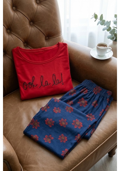 Mataş Kadın Desenli Bambu Viskon Uzun Kollu Soft Örme Mevsimlik Yumuşak Pijama Takımı Kırmızı