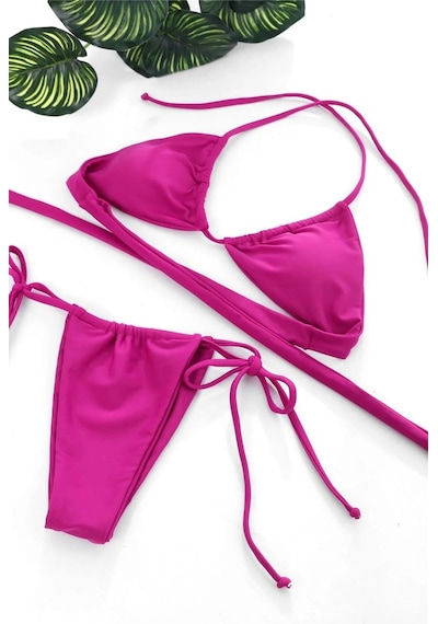 Kadın Fuşya Üçgen Bikini Takımı Yandan Bağlamalı Tangalı Canlı Renk Şık Mayo Seti