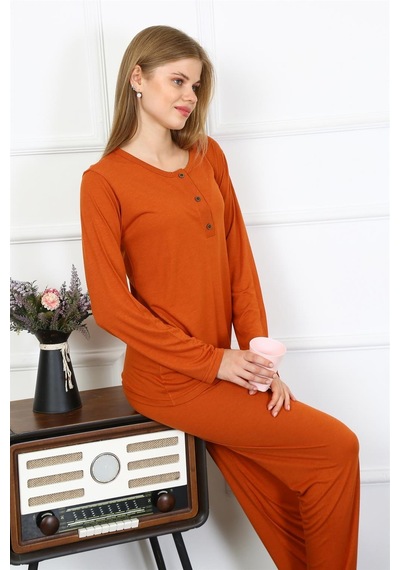 Akbeniz Kadın Penye Uzun Kol Patlı Pijama Takım 4168 - L Kiremit