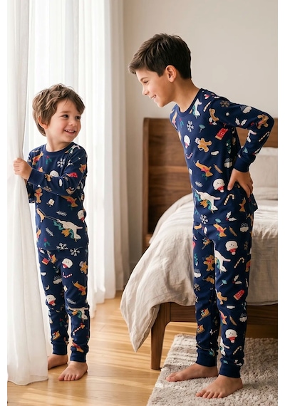 Zuzunga Unisex Çocuk Christmas Cookie Desenli Lacivert Pijama Takımı