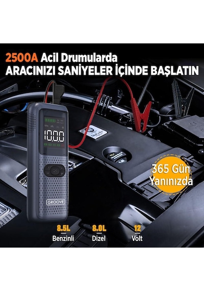 Groove Hcb002 22000mAh 2500A Akü Takviye Cihazı + Lastik Şişirme Kompresörlü Taşınabilir Jump Starter Kompresör+Powerbank+led Lamba+Lcd Ekran