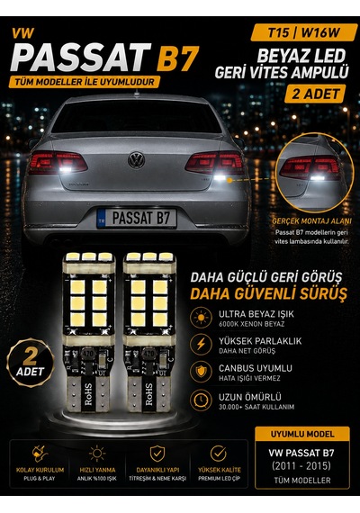 Vw Passat B7 2011-2015 Uyumlu T15 W16w Beyaz Led Geri Vites Ampulü Canbus 2 Adet