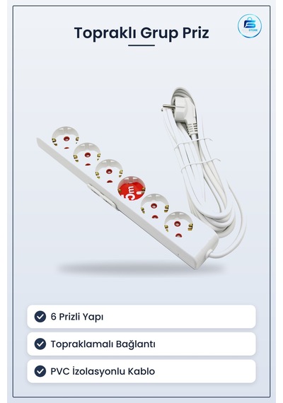 Toprağlı Grup Priz Uzatma Kablosu 6 Prizli Pvc İzolasyonlu Bakır 1.5