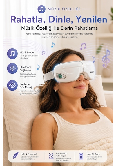 Walke Bluetoothlu Müzik Çalarlı Isıtmalı Akıllı Göz Masaj Cihazı G-01 Beyaz