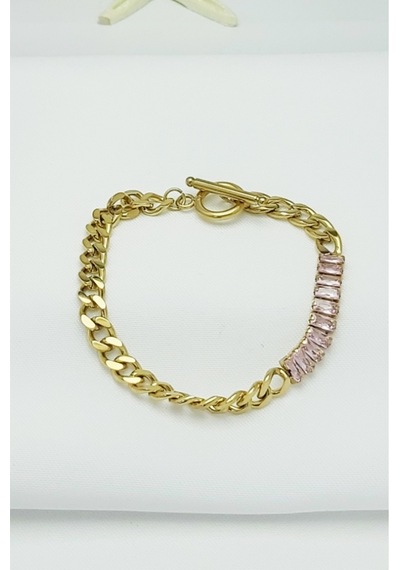 Altın Kaplama Seri Kararmaz Pembe Baget Taşlı Künye Zincir Gold