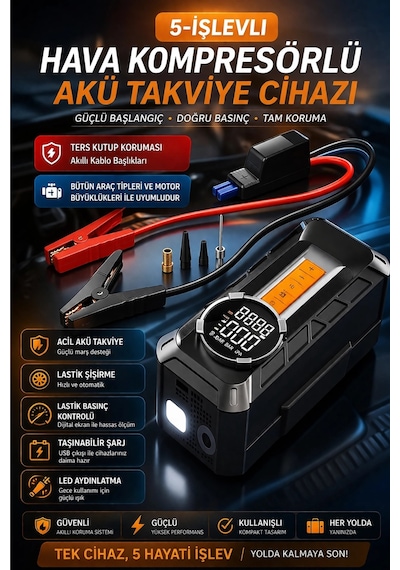 Auhma A8899 Akü Takviye Cihazı & Hava Kompresörü - 80000mah Powerbank, 150 Psı, 1000a Peak, Led Fene