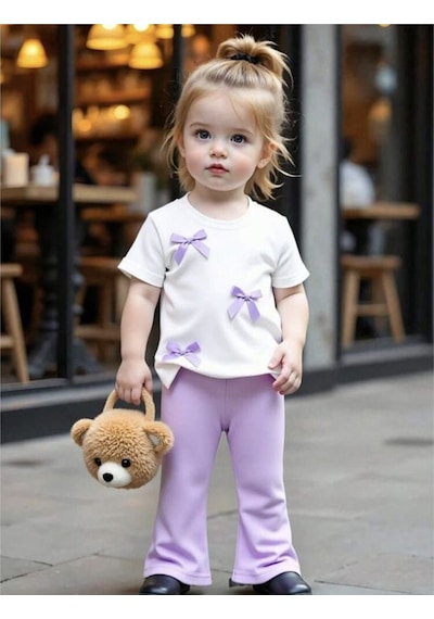 My Kids Wear Kız Çocuk Fiyonk Detaylı Alt Üst Takım Mor