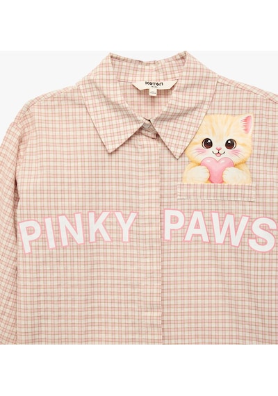 Koton Kedi Baskılı Uzun Kollu Pamuklu Oversize Pötikare Gömlek Pembe Ekose 7wkg60031aw