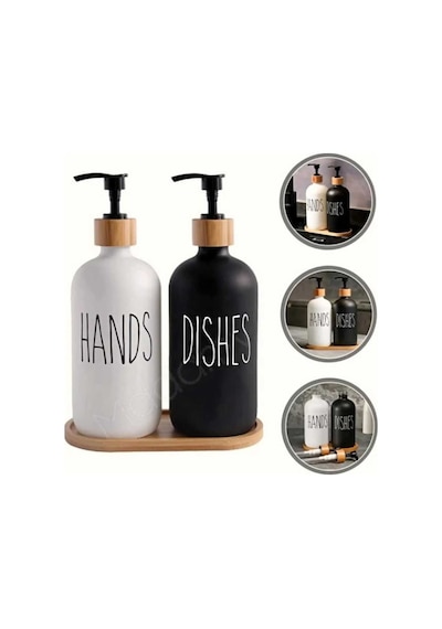 Buççin Online Mağaza 2 Li Hands Dishes Siyah Beyaz Dekoratif Mutfak Banyo Sıvı Cam Sabunluk Seti 500ml Bambu Stantlı Set Çok Renkli
