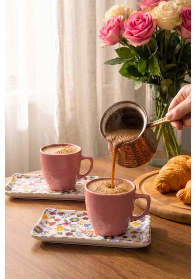 Pembe Keraart Springtime Doğaltaş 2 Kişilik Kahve Sunum Seti - 4 Parça