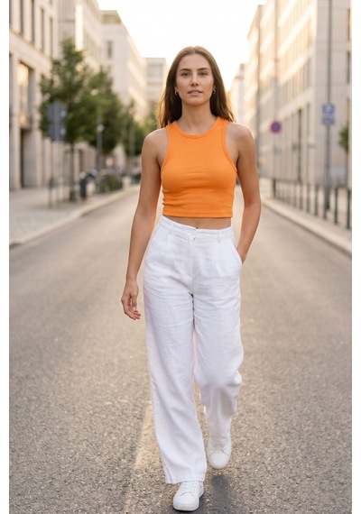 Kadın Turuncu Fitilli Crop Atlet Yüksek Bel Kombin Uyumlu Esnek Vücuda Oturan Yazlık Crop Bluz
