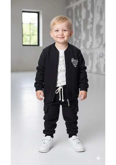 Bontino Erkek Çocuk Sweatshirt, Hırka Ve Pantolonlu %100 Pamuk 3'lü Spor Takım Siyah