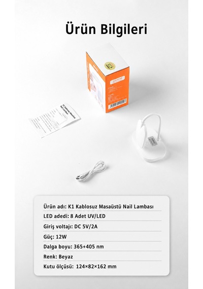 K1 8 Led 12w Manikür Tırnak Kurutucu Sarjlı Uv Led Lamba Protez Tırnak Lambası Beyaz