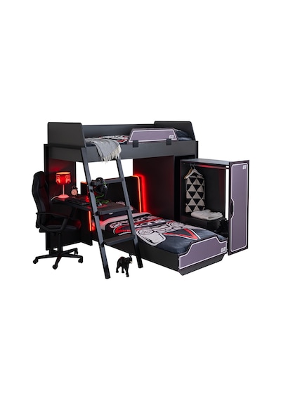 Ranzalı Oyuncu Odası, Gamer Ranza Ledli Karyola Masa Dolap 2 Adet Comfort Yatak 90 X 190 CM Ranzalı Oyuncu Odası, Gamer Ranza Ledli Karyola Masa Dolap 2 Adet Comfort Yatak 90 X 190 CM