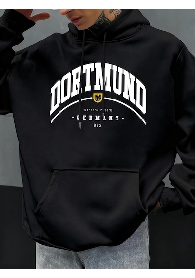 Startmore Tarzsokak Dortmund Almanya Mektup Desen Sonbahar Hoody Erkekler Rahat Büyük Boy Kapüşonlular Moda Polar Siyah