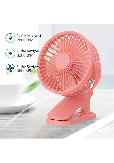 3 Kademe Şarjlı Mandallı 360 Taşınabilir Fan Vantilatör Jh-006 Pembe