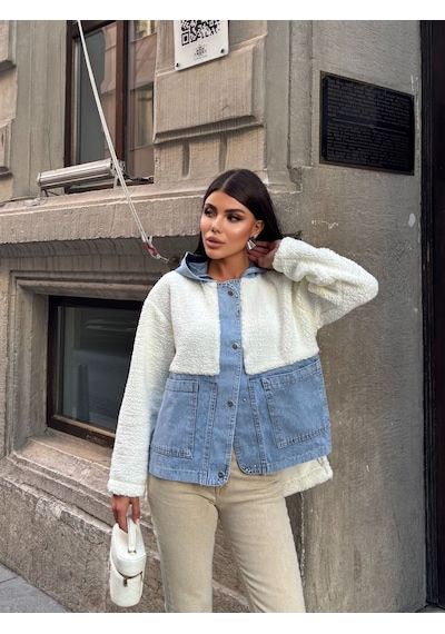 Esra Butik78 Kadın %100 Pamuk Kapüşonlu Çıtçıtlı Denim Detaylı Peluş Ceket Oversize Günlük Mont Beyaz Esra Butik78 Kadın %100 Pamuk Kapüşonlu Çıtçıtlı Denim Detaylı Peluş Ceket Oversize Günlük Mont Beyaz