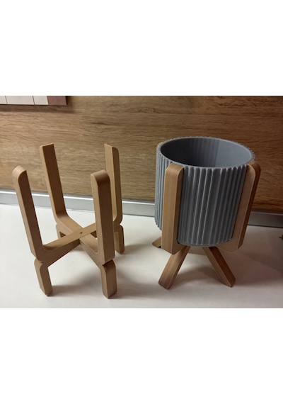 3d Baskı Ayaklı Çizgili Saksı - Bej Standlı Dekoratif Saksı - Gri
