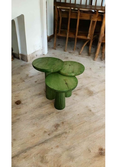 Rustik Tarz Ahşap Mantar Sehpa 3 Lü Set Çimen Yeşili