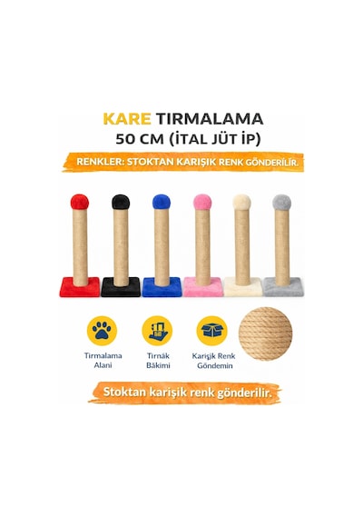 Kare Kedi Tırmalama Direği 50 Cm İthal Jüt İp Tırmalama Standı