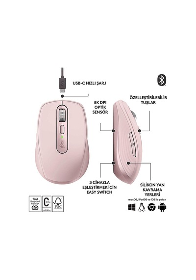 Byars-anywhere 3s Kompakt 8000 Dpı Optik Sensörlü Sessiz Bluetooth Kablosuz Mouse - Pembe -byars 001
