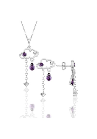 Gümüş Rodyumlu Ametis Ve Zirkon Taşlı Bulut Kolye Ve Küpe İkili Set Barcode Beyaz
